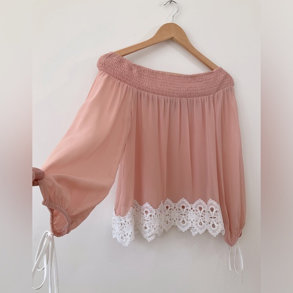 Anthropologie After Market Top Chiffon Lace Off Shoulder Blouse Pink Size S - Picture 2 of 9
